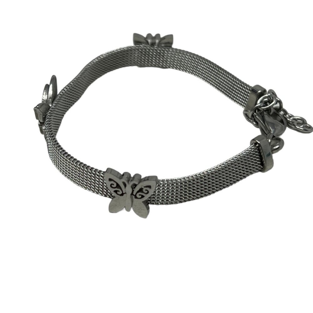 Mesh Butterfly Bracelet Silver Tone‎ Adjustable 6 1/2 to 8 inches Raised Charms